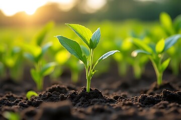 A young plant seedling thrives in rich soil at sunset.