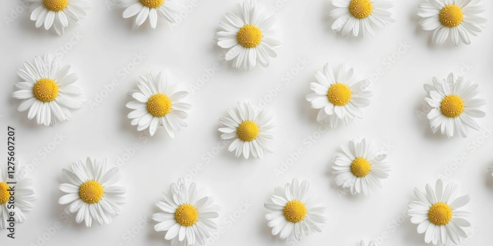 Poster top view of isolated daisy flowers with white petals and yellow centers arranged on a clean white ba