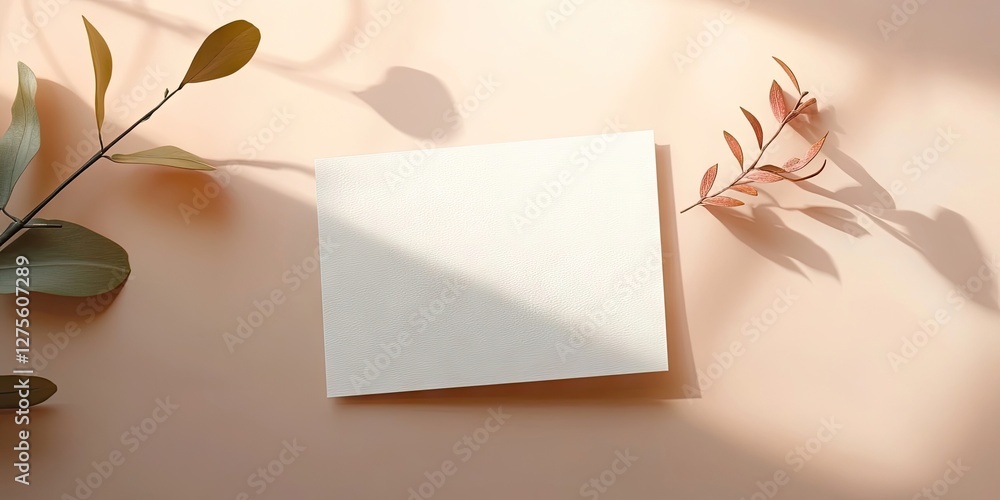 Poster blank invitation card mockup on soft peach background surrounded by minimalist botanical elements in