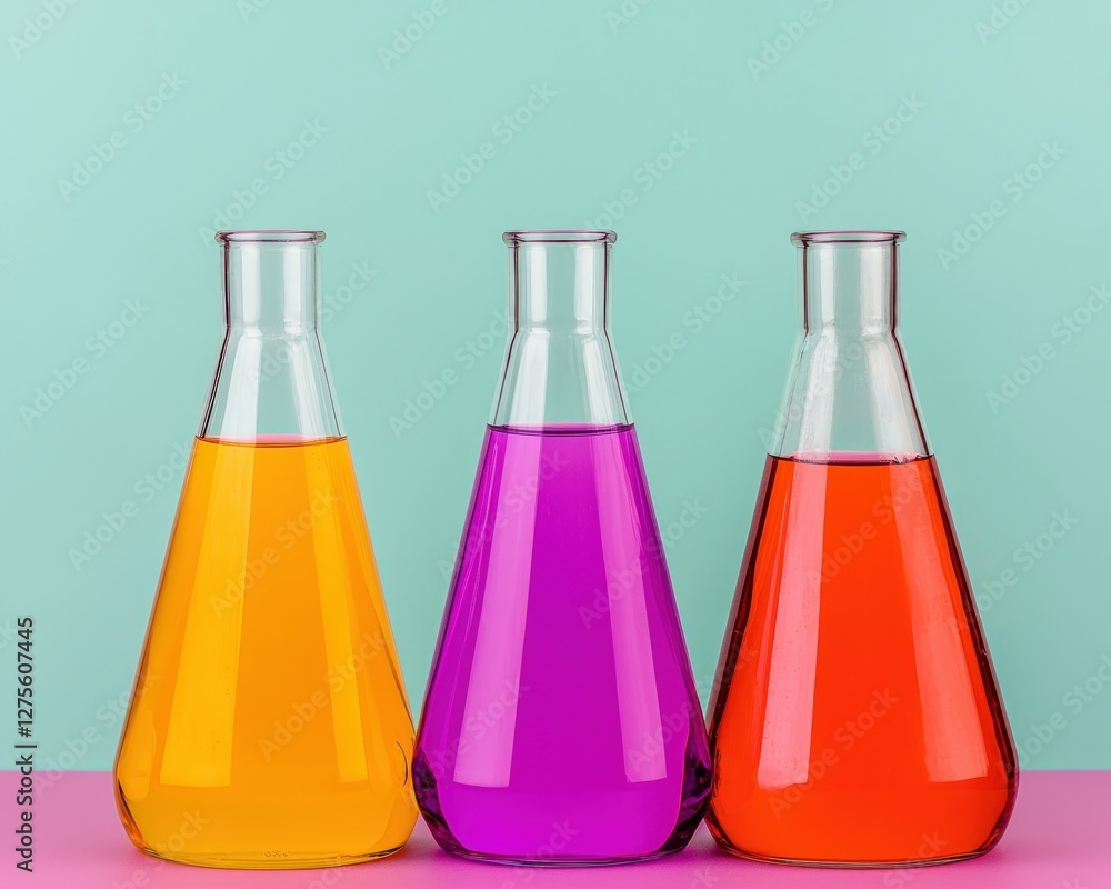 Poster colorful liquids in erlenmeyer flasks science experiment chemistry lab