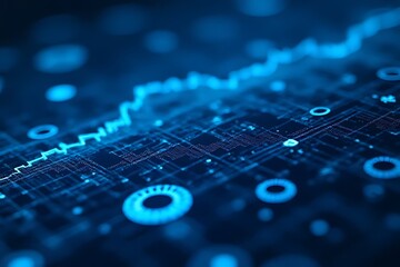 Blue digital line graph over circuit board symbolizes data flow.