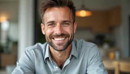 Obraz premium Close-up of happy smiling successful businessman. Cheerful man in casual clothes looks at camera. Successful manager, coach, entrepreneur or freelancer smiles.