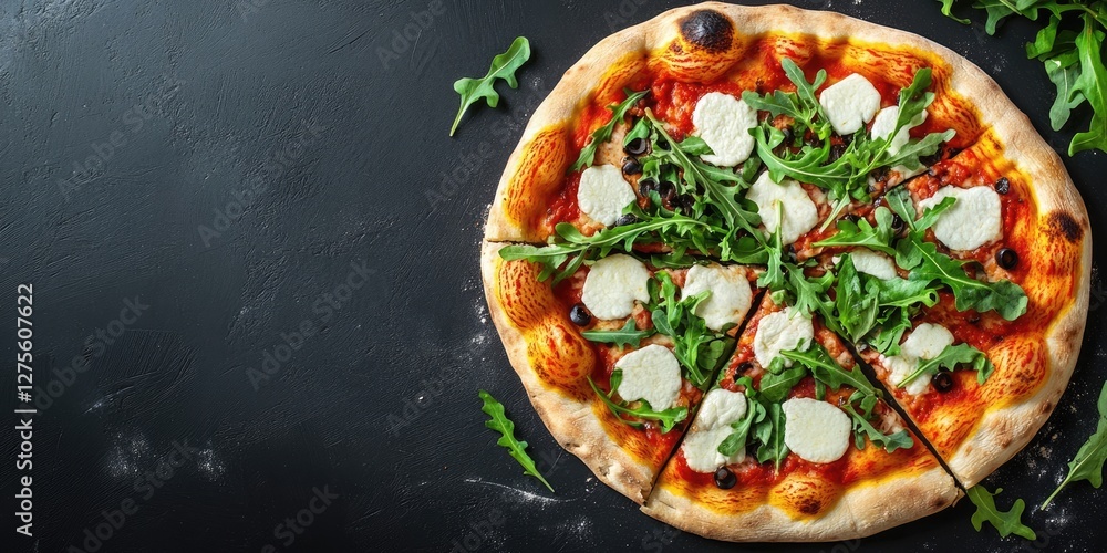 Aufkleber italian pizza featuring melted mozzarella and fresh arugula arranged around black tabletop; overhead
