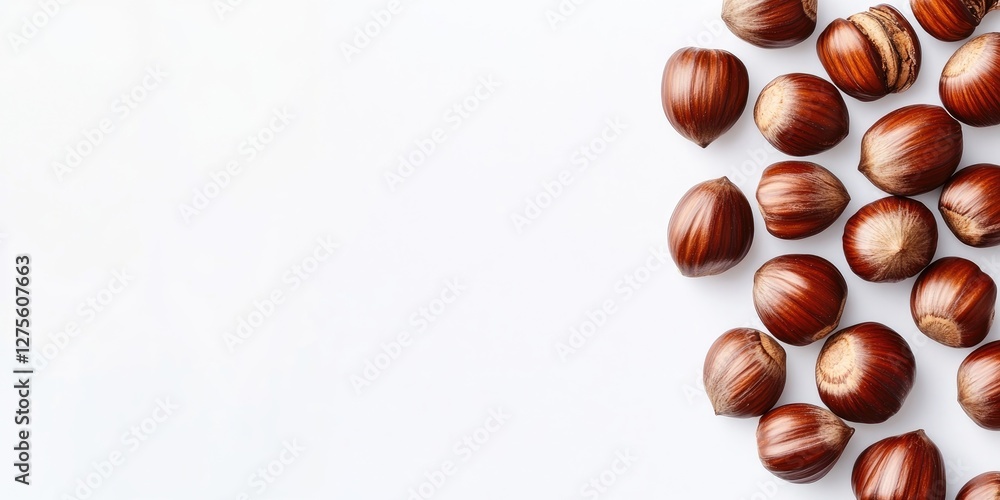 Poster chestnuts arranged in a flat lay on a bright white background with ample negative space for text sho