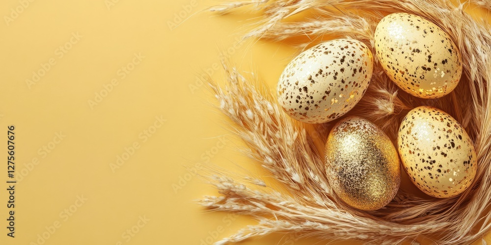 Aufkleber golden and speckled easter eggs arranged in a nest of wheat on a warm yellow background creating a j
