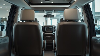 Car dealership displaying family-friendly minivans in a spacious showroom. Featuring comfort and safety