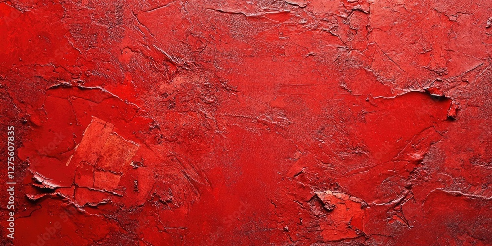 Poster textured red wall with varying shades of crimson and rust, featuring layers of chipped paint and a r