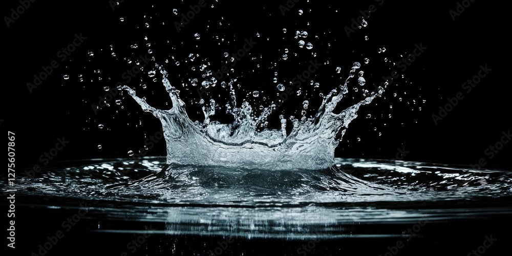 Poster dynamic water splash captured on a dark background with droplets scattering outward from the center 