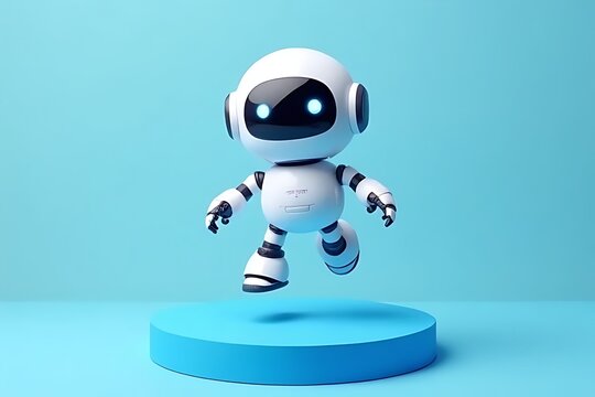 Cute, white robot jumping off a blue platform on a solid blue backdrop. - Powered by Adobe