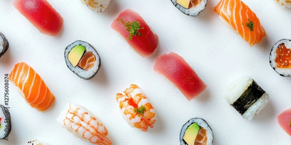 Poster assorted sushi pieces elegantly arranged on a white background highlighting colorful textures includ