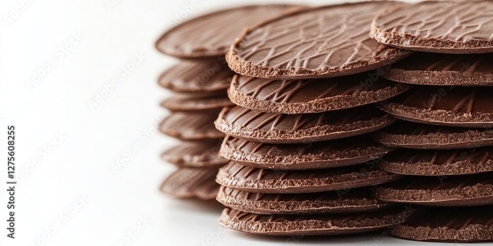 Poster stack of round chocolate wafers with textured surface, arranged in neat layers on a soft white backg