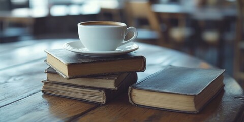 Aromatic coffee in a white cup on a stack of vintage books, positioned on a rustic wooden table, with a modern cafÃ© setting in the background.