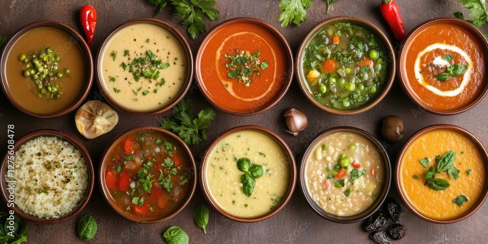 Poster assorted bowls of vibrant soups displayed in a neat row with fresh herbs and spices on a rustic wood