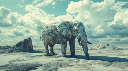Fototapeta premium Solitary elephant in a desolate, rocky landscape under a cloudy sky.