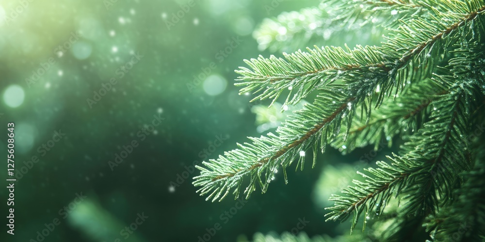 Poster fluffy fir tree branch against a blurred green background with soft bokeh highlighting. snowflakes g