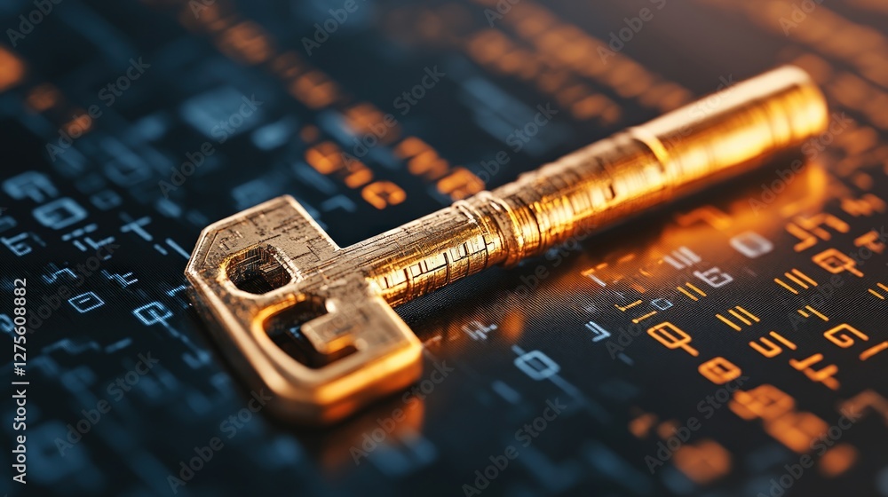 Poster Golden Key on Digital Data Background Cybersecurity Concept