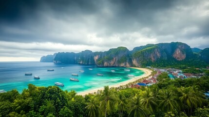 Fototapeta premium Tropical Island Paradise: Stunning Coastal Scenery and Tranquil Beach Getaway