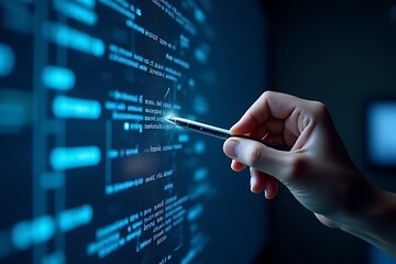 hand points to a glowing code screen with a silver pen.