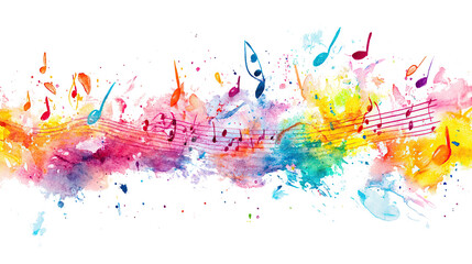 Vibrant abstract splatter art with colorful paint splatters and musical notes