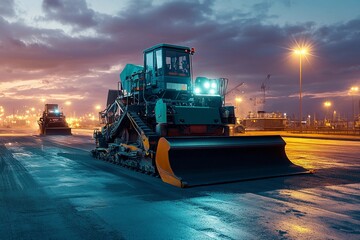 Heavy Machinery Works on Urban Road at Twilight Near Bustling Port. Generative AI
