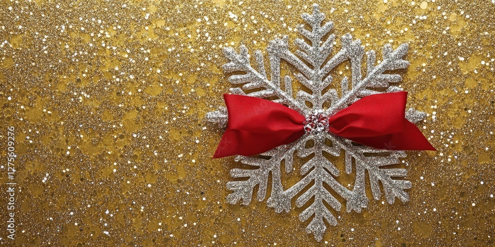 Poster silver snowflake with red bow on a shimmering gold background creating a festive atmosphere perfect 