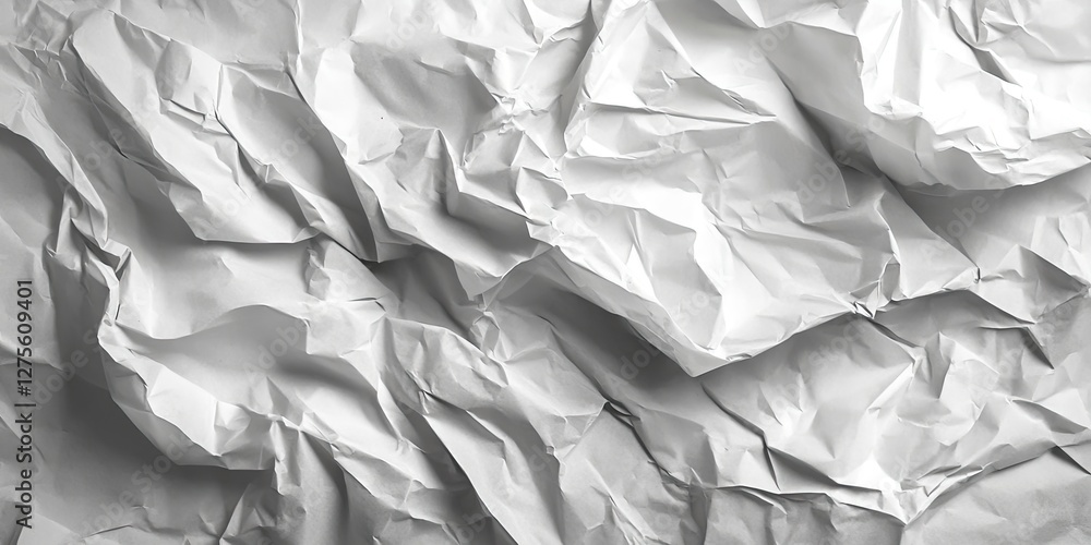 Poster crumpled white gray textured paper background with intricate folds prominently displayed in varying 