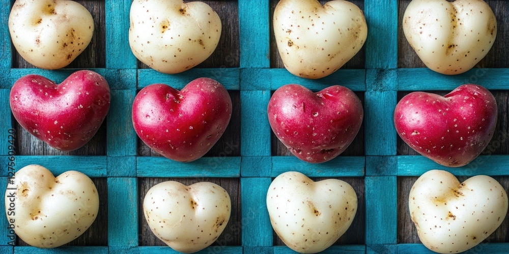 Poster heart-shaped red and white potatoes arranged in a grid pattern on a turquoise eco-grid with a wooden