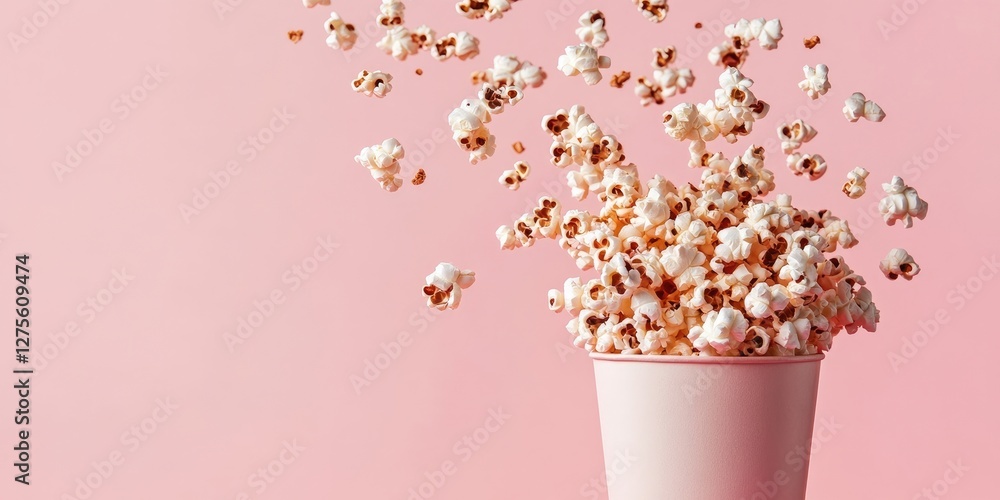Poster chocolate popcorn spilling from a pink paper container against a soft pink backdrop with ample negat