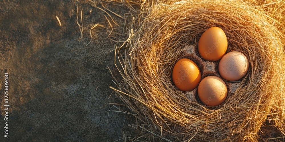 Poster golden brown eggs arranged in a straw nest under warm morning sunlight with a blurred background and