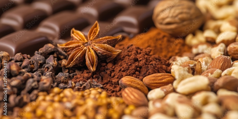 Poster Assorted chocolate spices and nuts with a focus on star anise and cocoa powder in warm brown and beige tones arranged on a textured background.