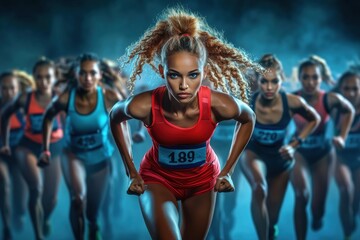 Obraz premium A determined athletic woman in red sprinting at a track meet, leading other competitors. Her intense focus and powerful stride highlight the competitive spirit of the event