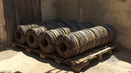 Rolled Metal Strips Stacked on Wooden Pallet in Industrial Setting