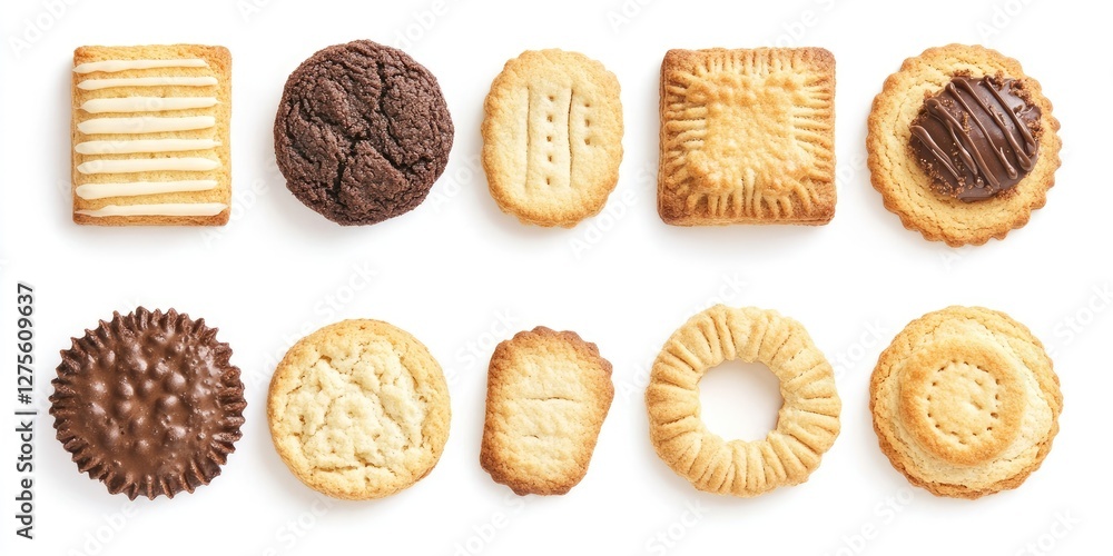 Poster assorted cookies displayed in two rows, featuring various shapes and textures, with colors ranging f