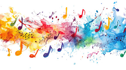 Fototapeta premium Colorful paint splashes with musical notes on transparent background