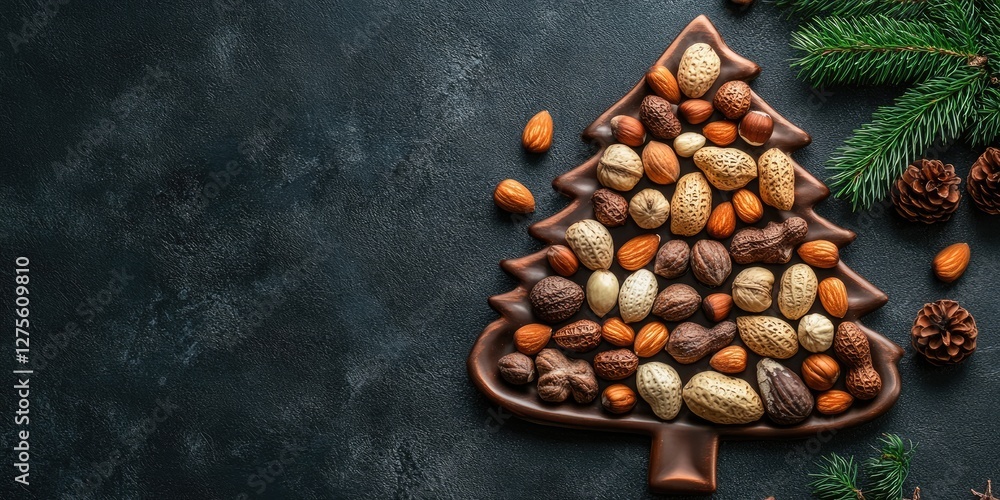 Poster christmas themed flat lay with assorted nuts on a chocolate fir tree plate against a dark background