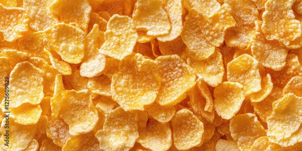 Poster closeup of golden cornflakes with a textured surface arranged haphazardly on a light background emph