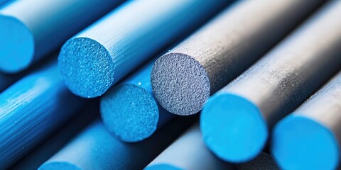 Close-up arrangement of blue and gray construction dowels displaying smooth textures with blue rods in the foreground and gray rods in the background.