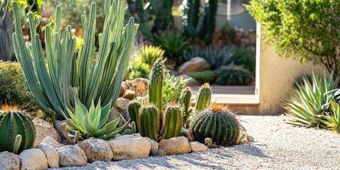 Cacti and succulents flourishing in a sunlit garden with green plants, rocky terrain, and a vibrant outdoor atmosphere, creating a serene setting.