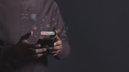 Customer Review, Young man hand holding smartphone to review and gives 1 star, with poor service results, Bad review Rated just 1 star Feedback options