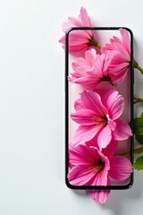 Close-up of phone next to vibrant pink flowers on white background, technology, garden, pink flowers