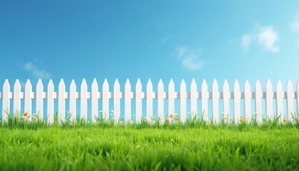 Vibrant green grass surrounds white picket fence against clear blue sky. Idyllic garden scene depicts backyard with summer flowers, symbolizing property, security and boundary.