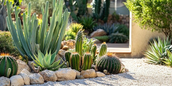 Cacti and succulents flourishing in a sunlit garden with green plants, rocky terrain, and a vibrant outdoor atmosphere, creating a serene setting.