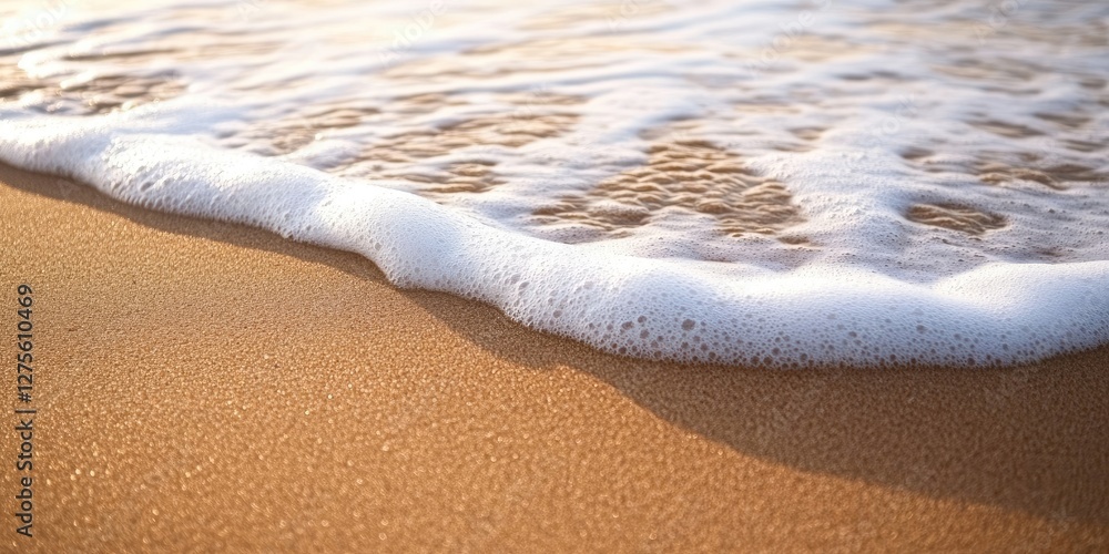 Poster gentle wave lapping on smooth golden beach sand with soft white foam creating a calming contrast and