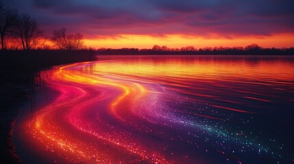 Vibrant neon patterns reflect on the surface of a tranquil lake.