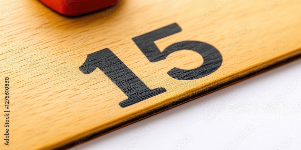Poster close-up of a wooden calendar with the number 15 in black on light wood with a red block against a c