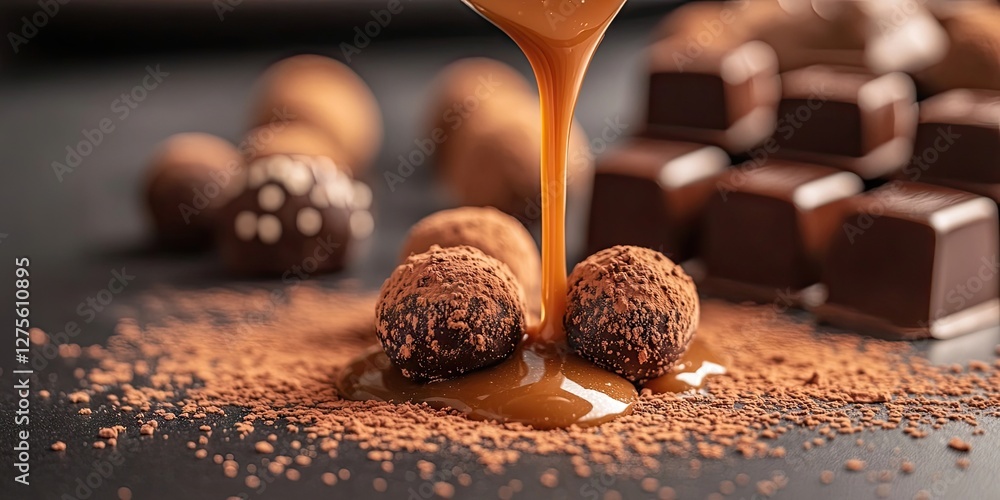 Poster caramel cascading over cocoa-dusted truffles and chocolate bars on a dark textured surface with blur