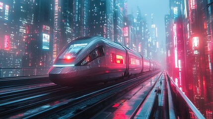Fototapeta premium A futuristic high-speed train speeding through a neon-lit cityscape at dusk, sleek and dynamic