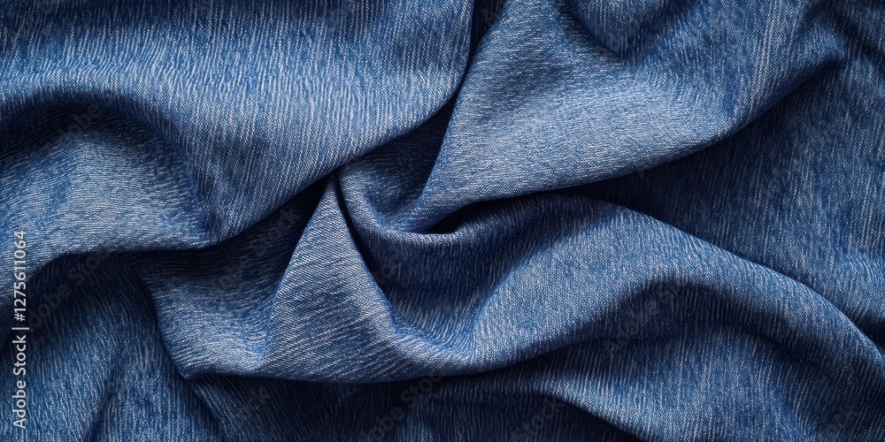 Poster denim fabric close-up showcasing deep blue texture with soft folds and subtle variations in shade id