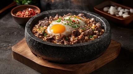 Sizzling Hot Stone Bowl Full of Delicious Beef and Egg Meal