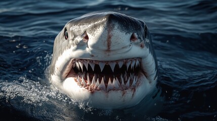 Naklejka premium A great white shark emerges from the depths, mouth wide open and displaying its large, serrated teeth while swimming through the clear ocean waters, demonstrating its predatory nature